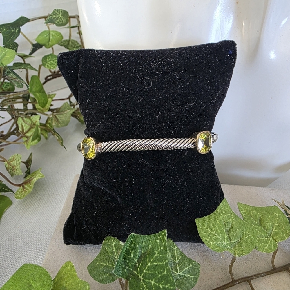 Silver Steel Cable Flex Open Cuff Bracelet with Yellow Color Stone